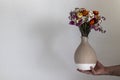 Vase with Flowers in male hand on gray background. Royalty Free Stock Photo