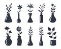 Vase flowers silhouette icons. Vector set editable stroke. Decorative glass flowerpots and vases interior design elements. Florist