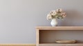 Minimalist Wooden Shelf With Hydrangea And Tonalist Color Scheme