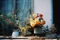 a vase of flowers sits on the porch of a house