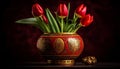 A vase of fresh tulips, a gift of nature elegance generated by AI