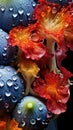 A vase full of colorful flowers with water droplets on them, AI