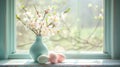 a vase full of flowers with four easter eggs on a table in front of a window Royalty Free Stock Photo