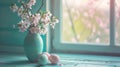 a vase full of flowers with four easter eggs on a table in front of a window Royalty Free Stock Photo