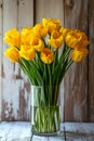 Vase full of yellow flowers with green stems. Generative AI Royalty Free Stock Photo