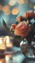 A vase of a glass filled with roses and candles, AI Royalty Free Stock Photo