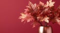 A vase with leaves in it on a table against red wall, AI Royalty Free Stock Photo