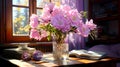 vase of light pink Violet flowers sits on a wooden table with a book, a cup, and round sunglasses, in a sunlit room with Royalty Free Stock Photo