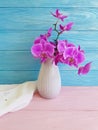 Vase orchid flower on wooden floristic decor design elegance congratulation, blue, fresh, spring