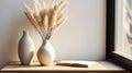 Empty Wooden Picture Frame. Framework. Vase with pampas grass.