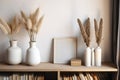 Empty Wooden Picture Frame. Framework. Vase with pampas grass.