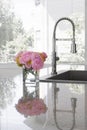 Vase of peonies on sink of modern kitchen Royalty Free Stock Photo