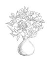 Vase with peony flowers. Black on white