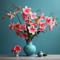 Realistic 3d Amaryllis Arrangement: Vibrant Pink Flowers On Teal Background