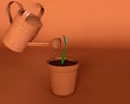 Vase with plant seedling and watering can in brown monochrome image. 3D illustration of a plant bud in a pot being watered with a