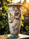a vase positioned on a table surface, with an outdoor garden setting providing a soft, sunlit backdrop Royalty Free Stock Photo