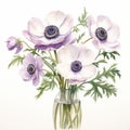 Delicate Watercolor Anemone Bouquet With Realistic Detail On White Background