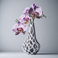 Vase with purple orchids, modern floral composition. AI-generated.