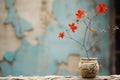 a vase with red flowers sitting on a table