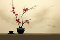 A vase with red flowers sitting on a table. AI.