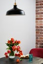 Vase of red slowly fading tulips in a modern living room - home decor, selective focus Royalty Free Stock Photo