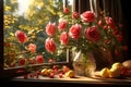 A vase of roses and honeysuckles in red, pink, and yellow on a windowsill with a view of a garden Royalty Free Stock Photo