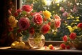 A vase of roses and honeysuckles in red, pink, and yellow on a windowsill with a view of a garden Royalty Free Stock Photo