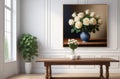 Vase with roses on a wooden table with a panel