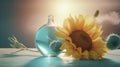 a vase with a sunflower and a bottle of water Royalty Free Stock Photo