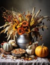 a vase with sunflowers and pumpkins Royalty Free Stock Photo