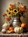 a vase with sunflowers and pumpkins Royalty Free Stock Photo