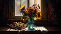 A vase of sunflowers sitting on a table next to a basket of fruit. AI generative image