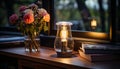 Vase, table, book, lamp, window, wood, nature, glass, flower, candle generated by AI Royalty Free Stock Photo