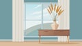 A vase of tall dried beach grass sitting on a console table next to a large window with white curtains.. Royalty Free Stock Photo