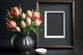 Vase with tulips and empty photo frame, mockup template, dark background Royalty Free Stock Photo