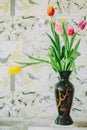 Vase with tulips in spring backgroud Royalty Free Stock Photo