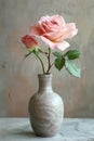 A vase with two pink roses in it on a table, AI Royalty Free Stock Photo