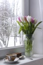 Vase with white and pink tulips on the windowsill, a Cup of tea, chocolate cake near the window Royalty Free Stock Photo