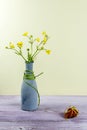 Vase with wildflowers. One strawberry is on the table. Summer time Royalty Free Stock Photo