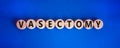 Vasectomy symbol. Concept words Vasectomy on wooden circles. Beautiful blue table blue background. Medical and vasectomy problem