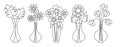 Vases black line with cute flowers vector flat set Royalty Free Stock Photo