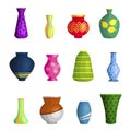 Vases ceramic of different shapes and colors cartoon set. Porcelain flower vessels, waterpot. Royalty Free Stock Photo