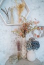 Vases with dried flowers on the table in the interior