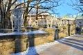 Vases on the ramp hanging gardens in the Catherine Park in winter. Pushkin, Tsarskoye Selo, Saint Petersburg Royalty Free Stock Photo