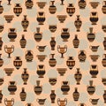 Vases vector seamless pattern. Ancient bowls background. Amphora, pottery greece seamless pattern.