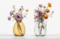 Vases with wilted flowers on white background