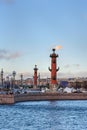 Vasilyevsky island Spit Strelka with Rostral columns. Saint Petersburg, Russia