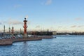 Vasilyevsky island Spit Strelka with Rostral columns. Saint Petersburg, Russia