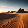 A vast African landscape scene, with a dirt road running through barren flat plains in the Namib Desert toward the Royalty Free Stock Photo