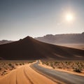 A vast African landscape scene, with a dirt road running through barren flat plains in the Namib Desert toward the Royalty Free Stock Photo